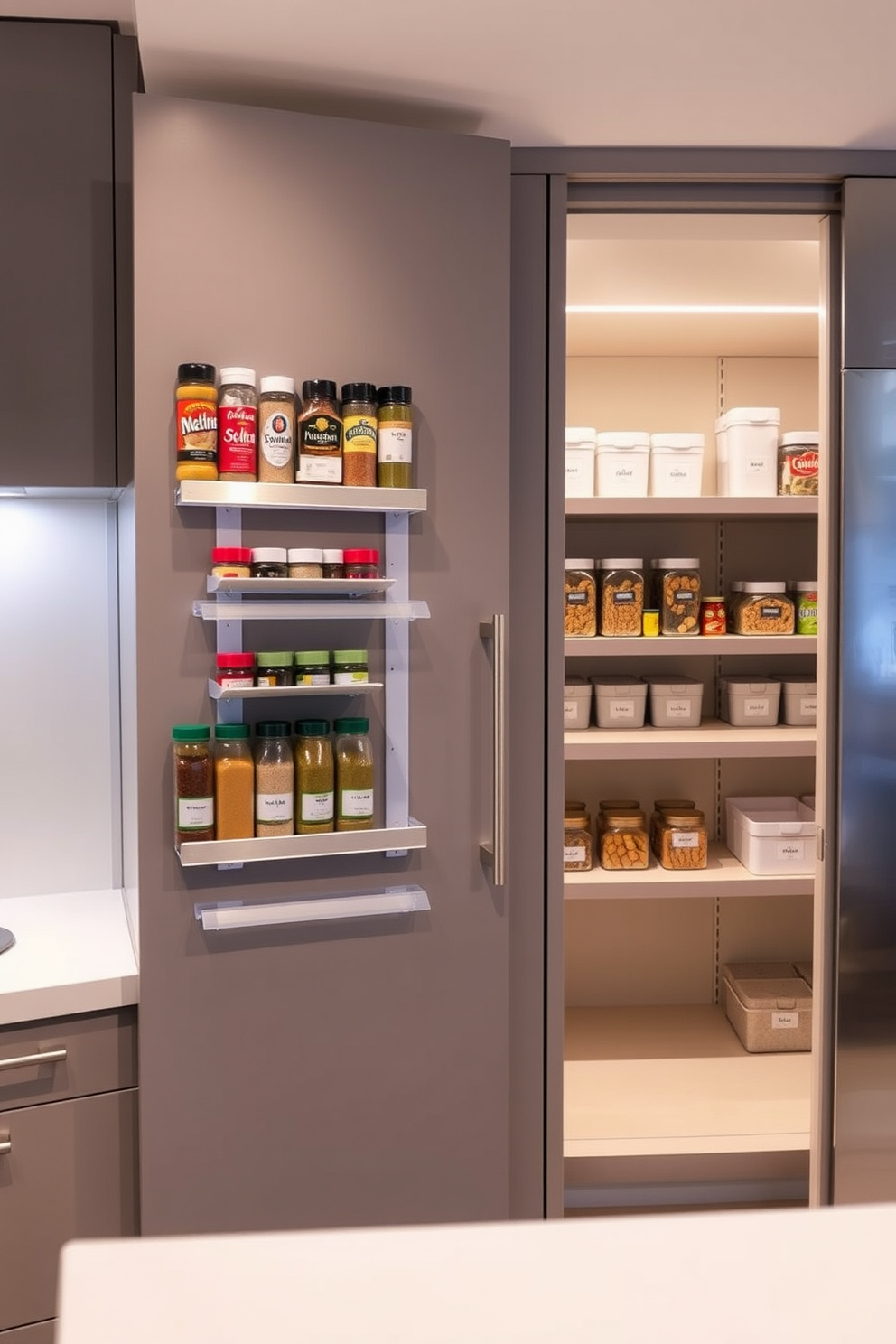 Magnetic strips are mounted on the inside of a cabinet door, showcasing an array of spice jars neatly arranged for easy access. The kitchen features a modern aesthetic with sleek cabinetry and a minimalist design, allowing the magnetic strips to serve as both a functional and decorative element. The closet pantry is designed with open shelving that maximizes space and visibility, featuring labeled containers for organization. Soft LED lighting illuminates the shelves, creating an inviting atmosphere that highlights the neatly arranged items.