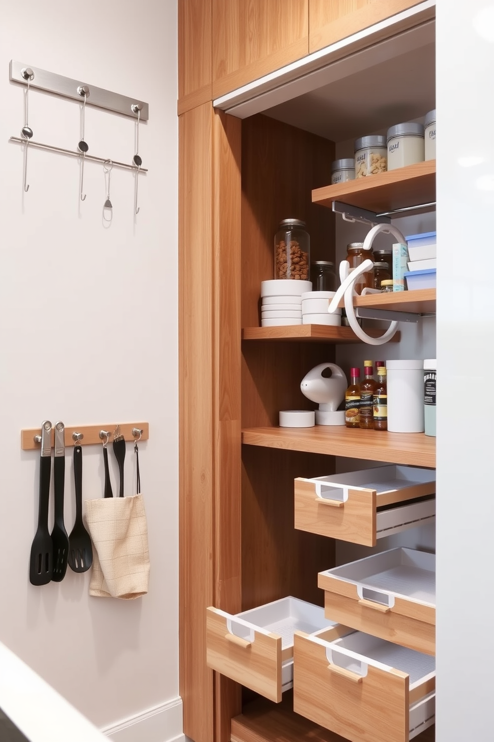 A functional and stylish kitchen pantry featuring a series of hooks neatly arranged on the wall for hanging utensils. The pantry is designed with open shelving that showcases neatly organized jars and containers, complemented by a warm wood finish. A spacious closet pantry with a combination of pull-out drawers and hanging rods for easy access to kitchen essentials. The design incorporates a soft color palette, with bright lighting that highlights the organized layout and maximizes storage efficiency.