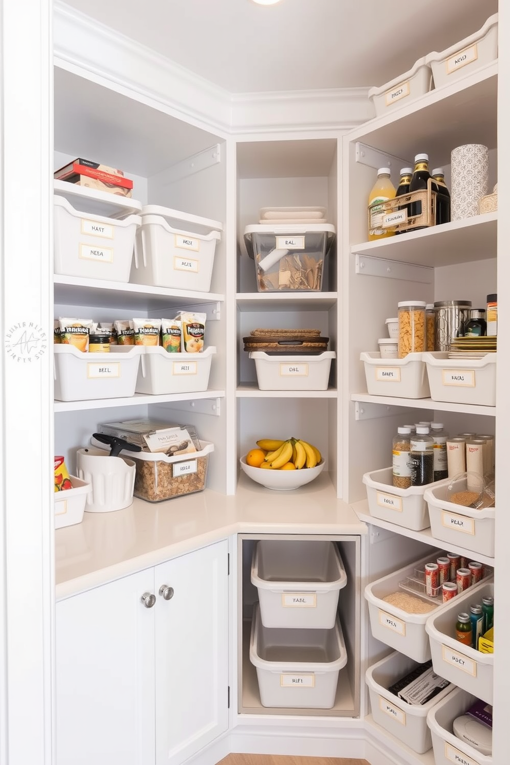 A modern pantry featuring stackable bins for efficient organization. The bins are labeled and neatly arranged on shelves, allowing easy access to various food items and kitchen supplies. The walls are painted in a soft white color, creating a bright and airy atmosphere. A small countertop area is included for meal prep, with a stylish fruit bowl adding a pop of color.