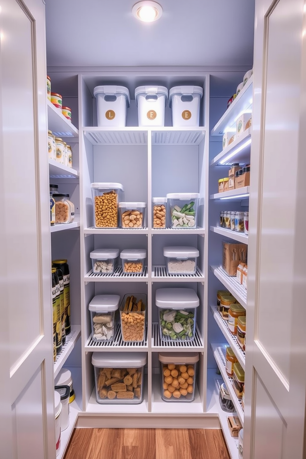 A stylish closet pantry featuring decorative bins for storage creates an organized and visually appealing space. The bins are labeled and arranged neatly on shelves, complemented by a soft color palette that enhances the overall aesthetic.