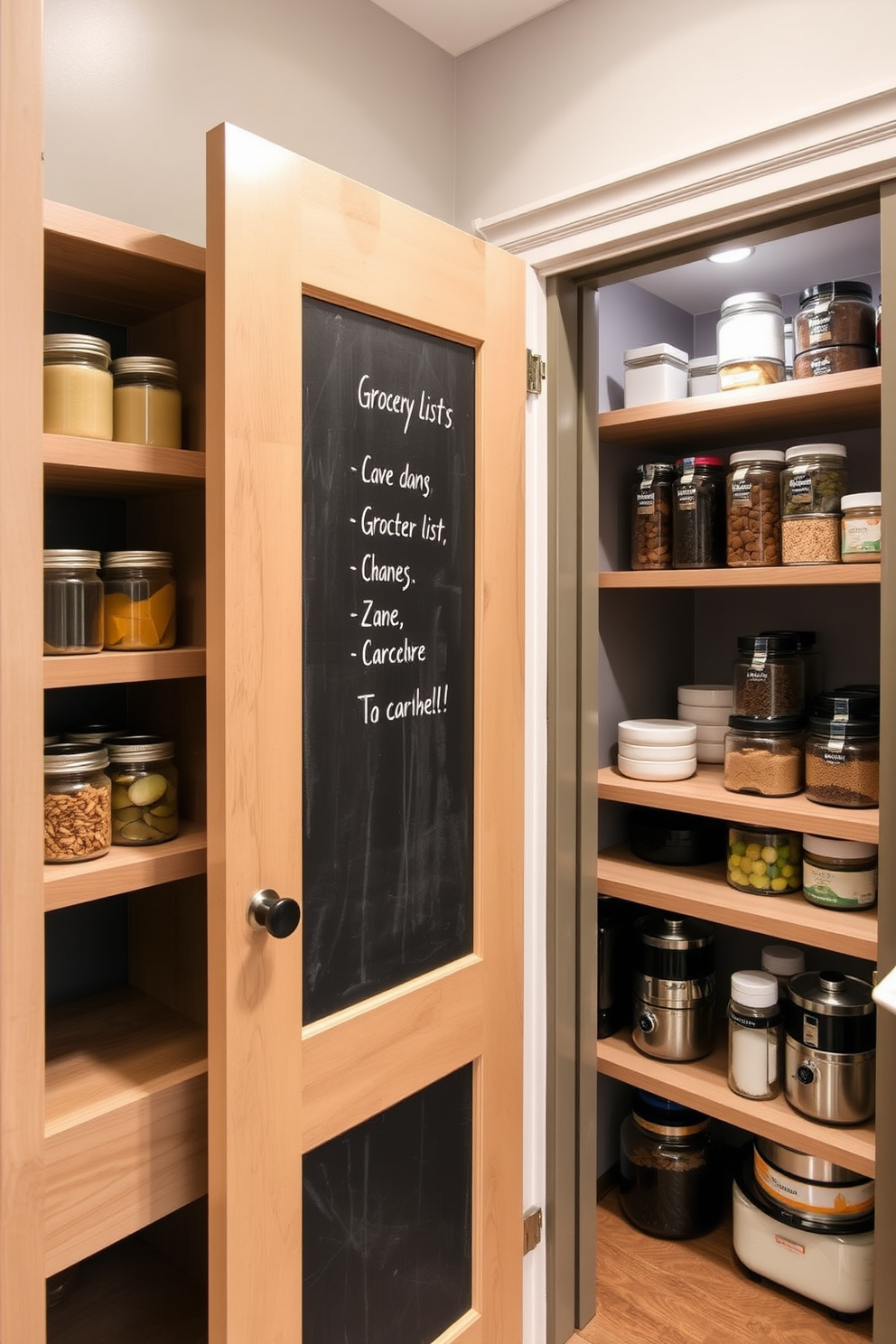 A pantry door with a chalkboard surface provides a functional and stylish element to the space. The door serves as a canvas for grocery lists and meal planning while adding a touch of personality to the pantry. The closet pantry design features open shelving that showcases neatly organized jars and containers. Soft lighting illuminates the space, creating an inviting atmosphere for meal prep and storage.