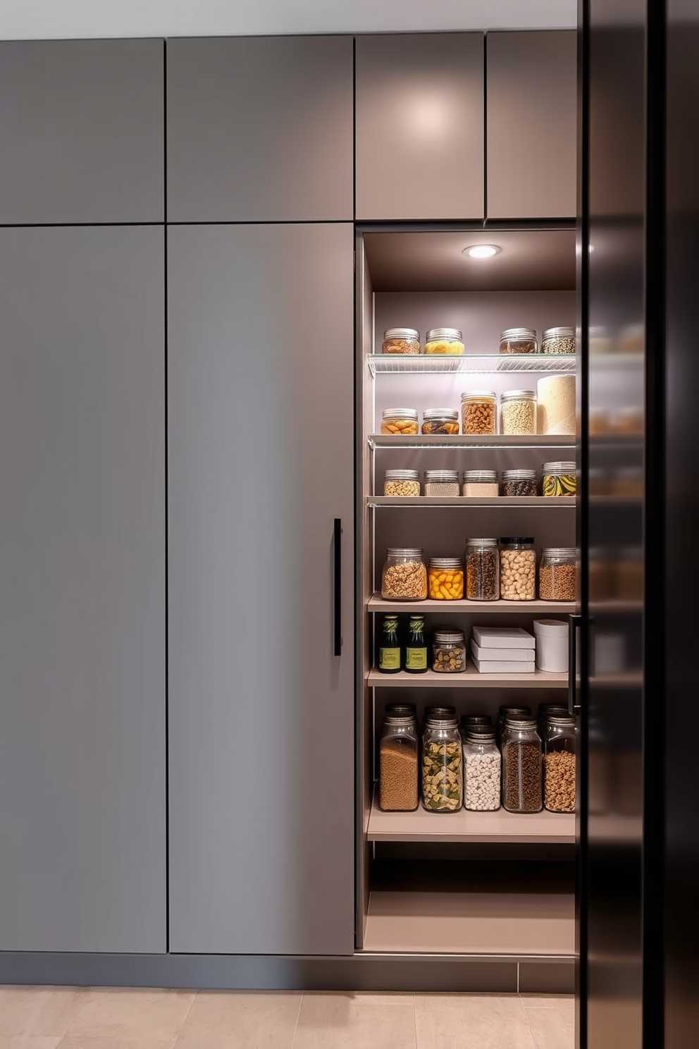 A modern closet pantry with hidden storage behind false panels creates a seamless look. The cabinetry features sleek lines and a matte finish, blending effortlessly with the surrounding decor. Inside, the false panels reveal organized shelves filled with neatly arranged jars and containers. Soft LED lighting illuminates the space, highlighting the pantry's functionality while maintaining an elegant aesthetic.