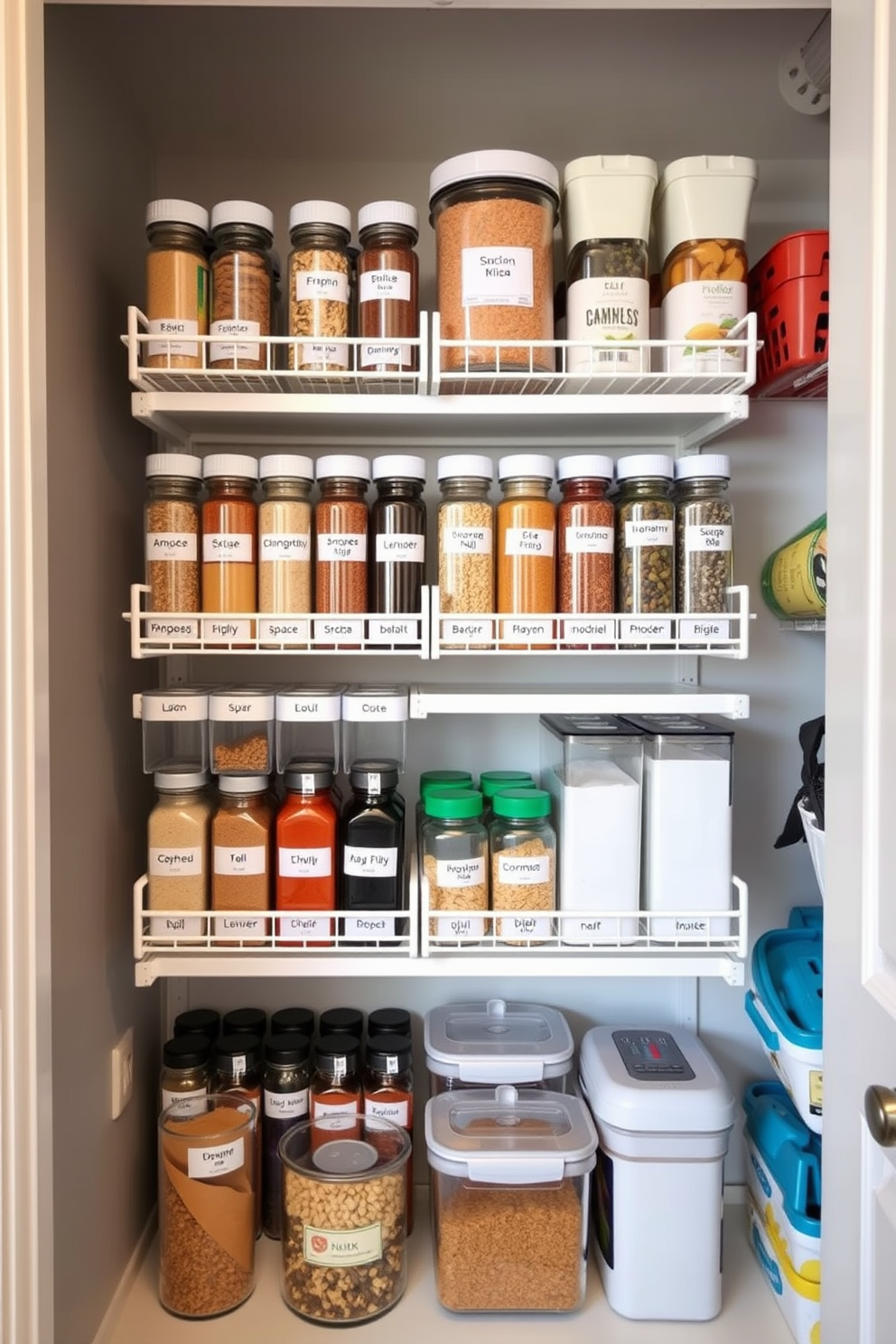 A functional closet pantry with tiered spice racks for easy access. The shelves are organized with labeled jars and containers, allowing for a clean and efficient storage solution.