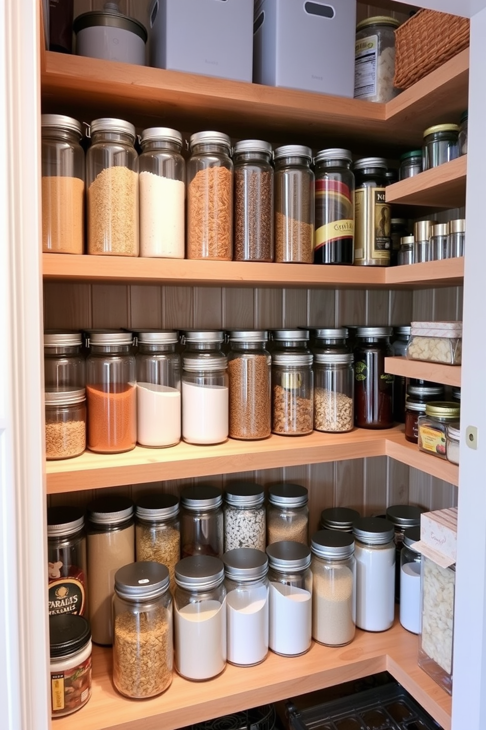 A stylish closet pantry featuring glass jars for organized storage. The jars are neatly arranged on wooden shelves, showcasing a variety of dry goods and spices in a visually appealing manner.