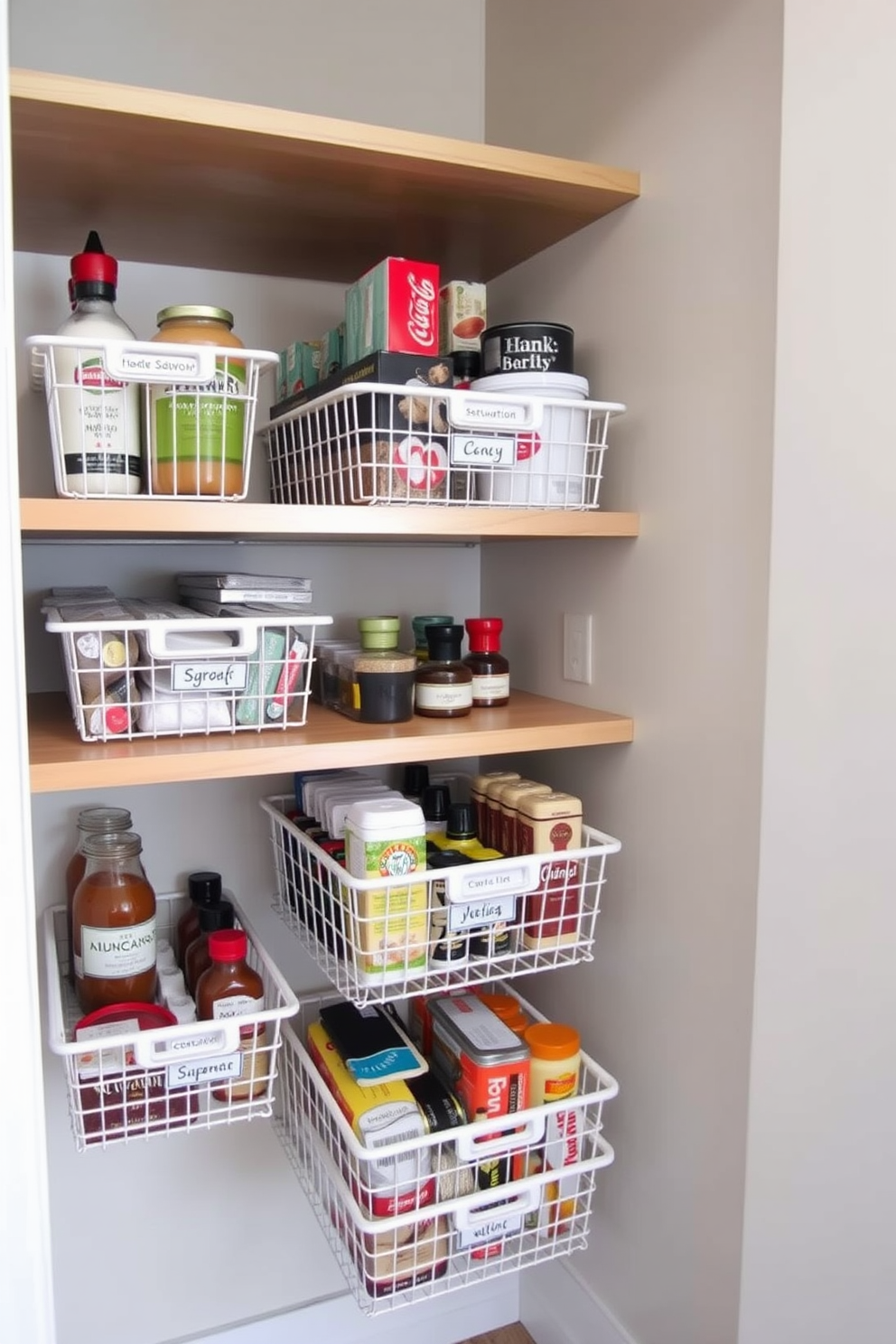 A well-organized closet pantry features under-shelf baskets that maximize vertical space and keep items easily accessible. The baskets are neatly arranged, showcasing a variety of pantry staples and condiments, all labeled for convenience. The walls are painted in a soft, neutral color that enhances the brightness of the space. Natural wood shelves complement the design, providing a warm contrast to the sleek, modern baskets.