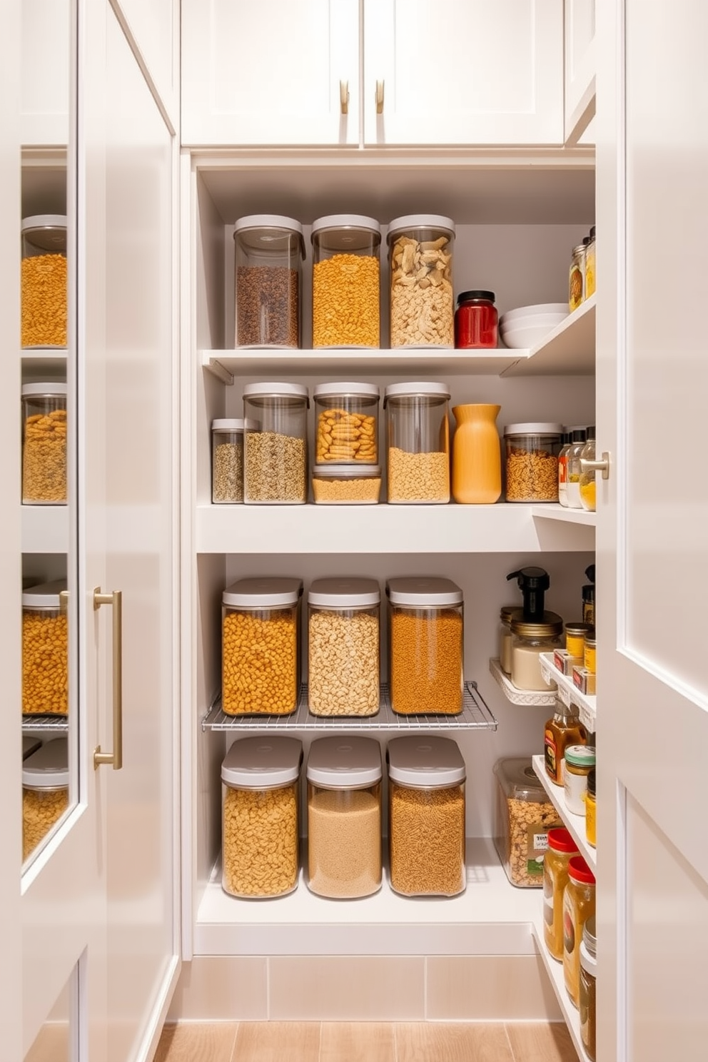 A stylish closet pantry featuring custom shelving made of reclaimed wood. The pantry includes a small fridge for drinks, seamlessly integrated into the design, surrounded by organized jars and baskets for easy access.