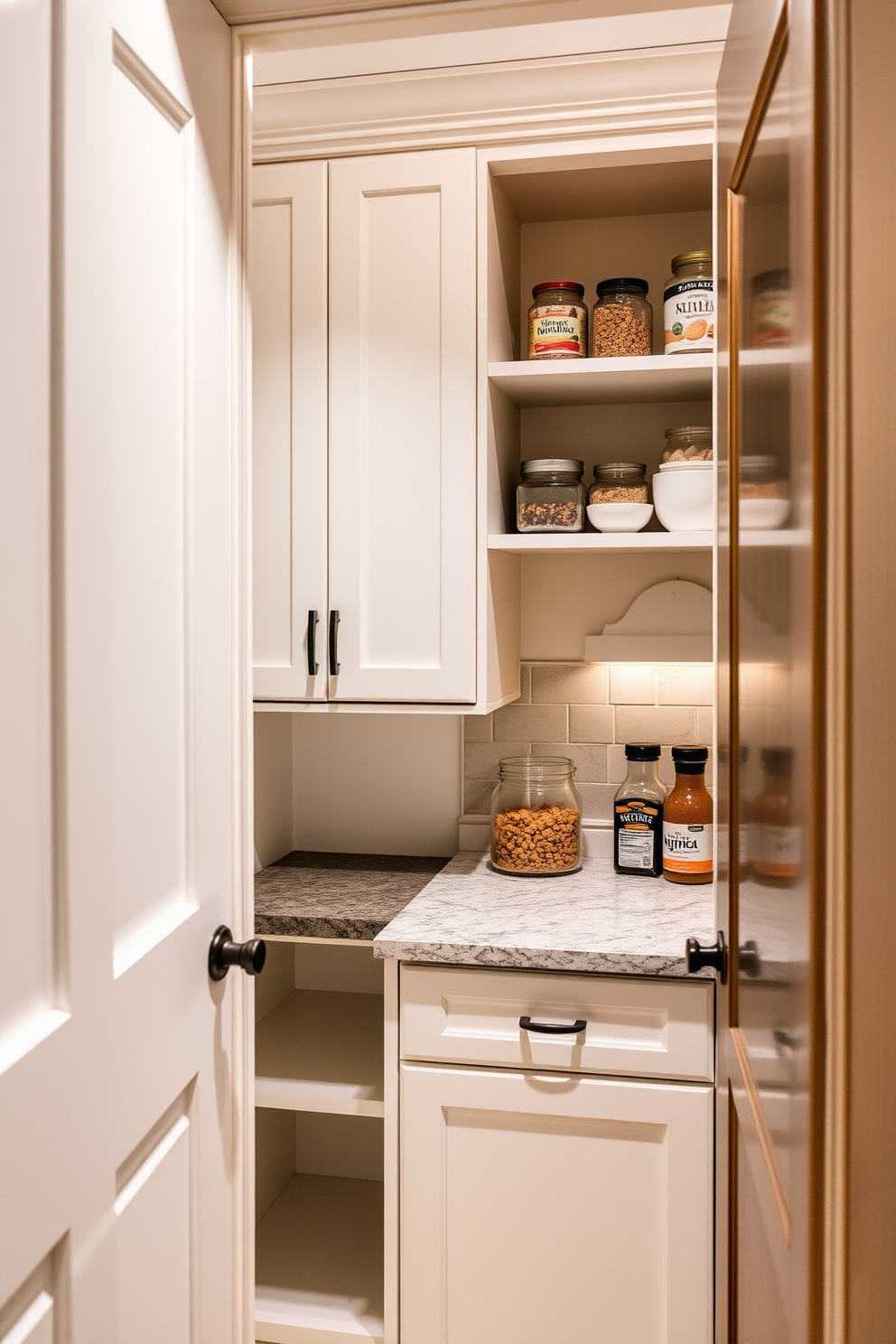 A cozy closet pantry design featuring a small countertop area. The space includes open shelving for easy access to ingredients and a stylish backsplash that complements the overall aesthetic.