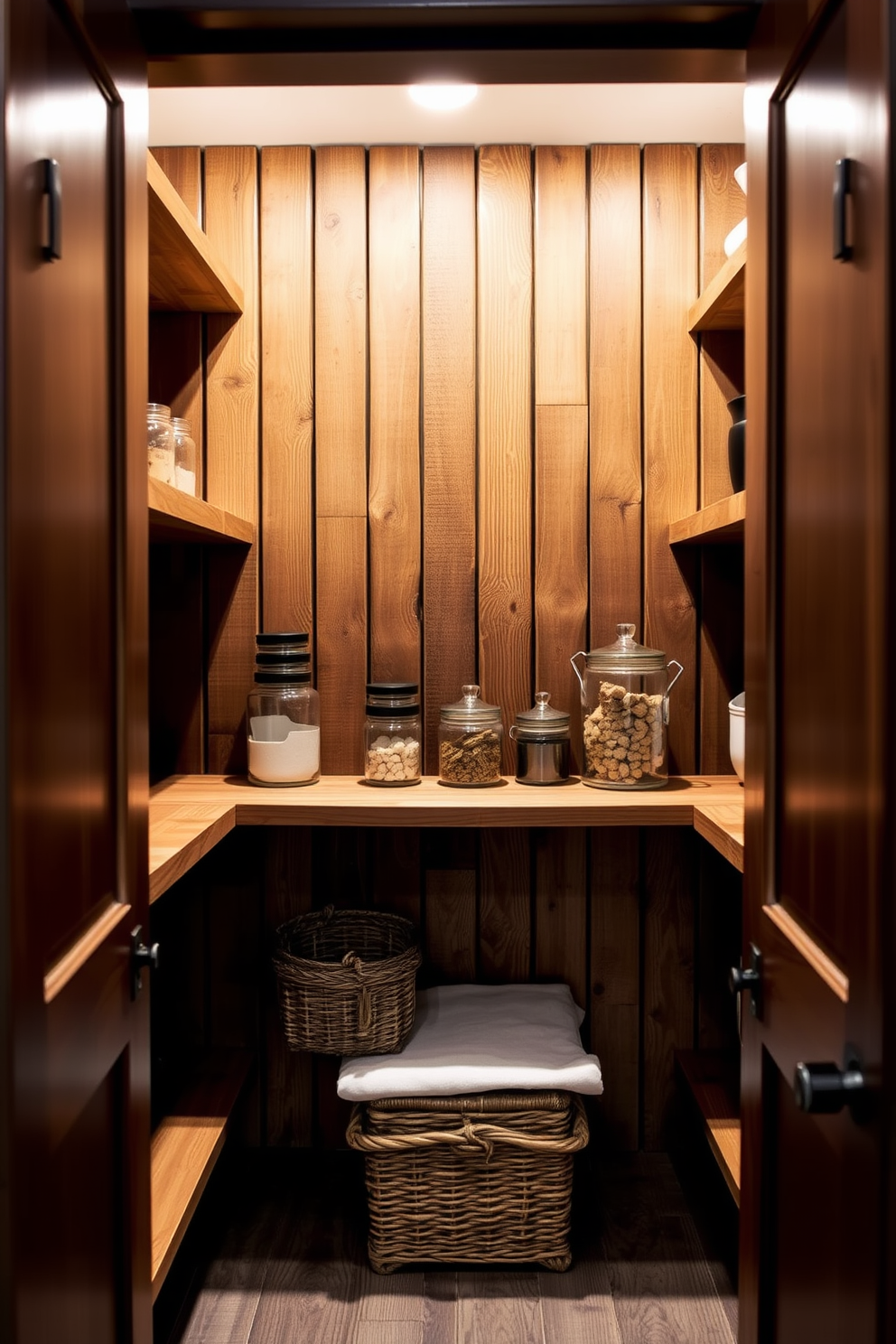 A well-organized closet pantry features an array of woven baskets that neatly group similar items together. Each basket is labeled for easy identification, ensuring that everything from snacks to canned goods is easily accessible and visually appealing. The shelves are made of natural wood, providing a warm contrast to the bright white walls. Soft LED lighting highlights the contents, making it easy to find ingredients while creating an inviting atmosphere.