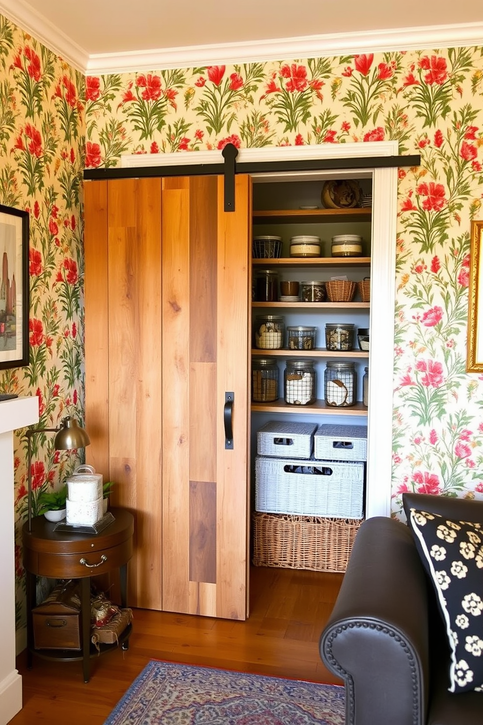 Decorative wallpaper featuring a vibrant botanical pattern adorns the walls of a cozy living space. The wallpaper adds warmth and character, creating an inviting atmosphere that reflects personal style. The closet pantry is designed with open shelving made from reclaimed wood, showcasing neatly organized jars and baskets. A sliding barn door adds a rustic touch, seamlessly blending functionality with aesthetic appeal.