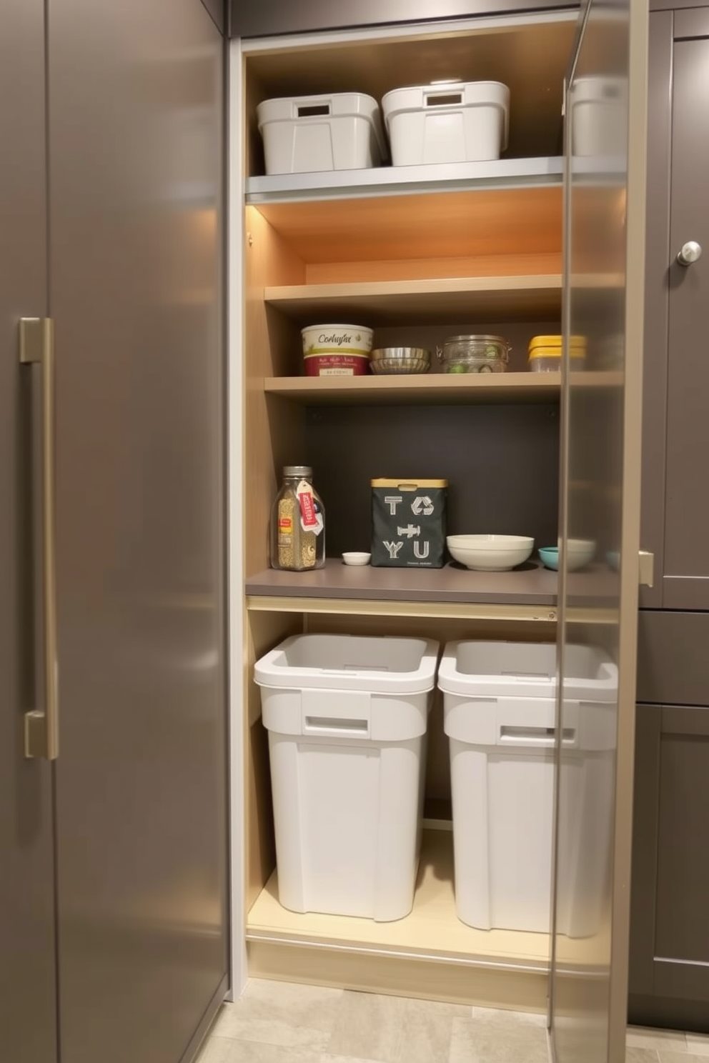 Integrated recycling bins for waste management. The design features sleek pull-out bins hidden within cabinetry to maintain a clean aesthetic while promoting sustainability. Closet pantry design ideas. The space includes open shelving for easy access to frequently used items and a combination of closed cabinets to keep the area organized and clutter-free.