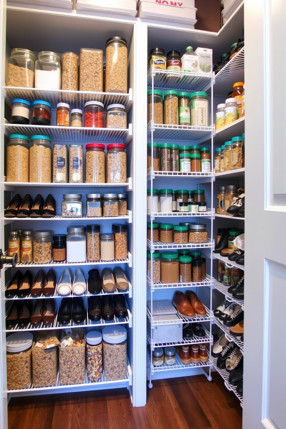 A stylish closet pantry featuring shoe racks repurposed for storage. The racks are filled with neatly arranged jars and containers, showcasing a variety of dry goods and spices.