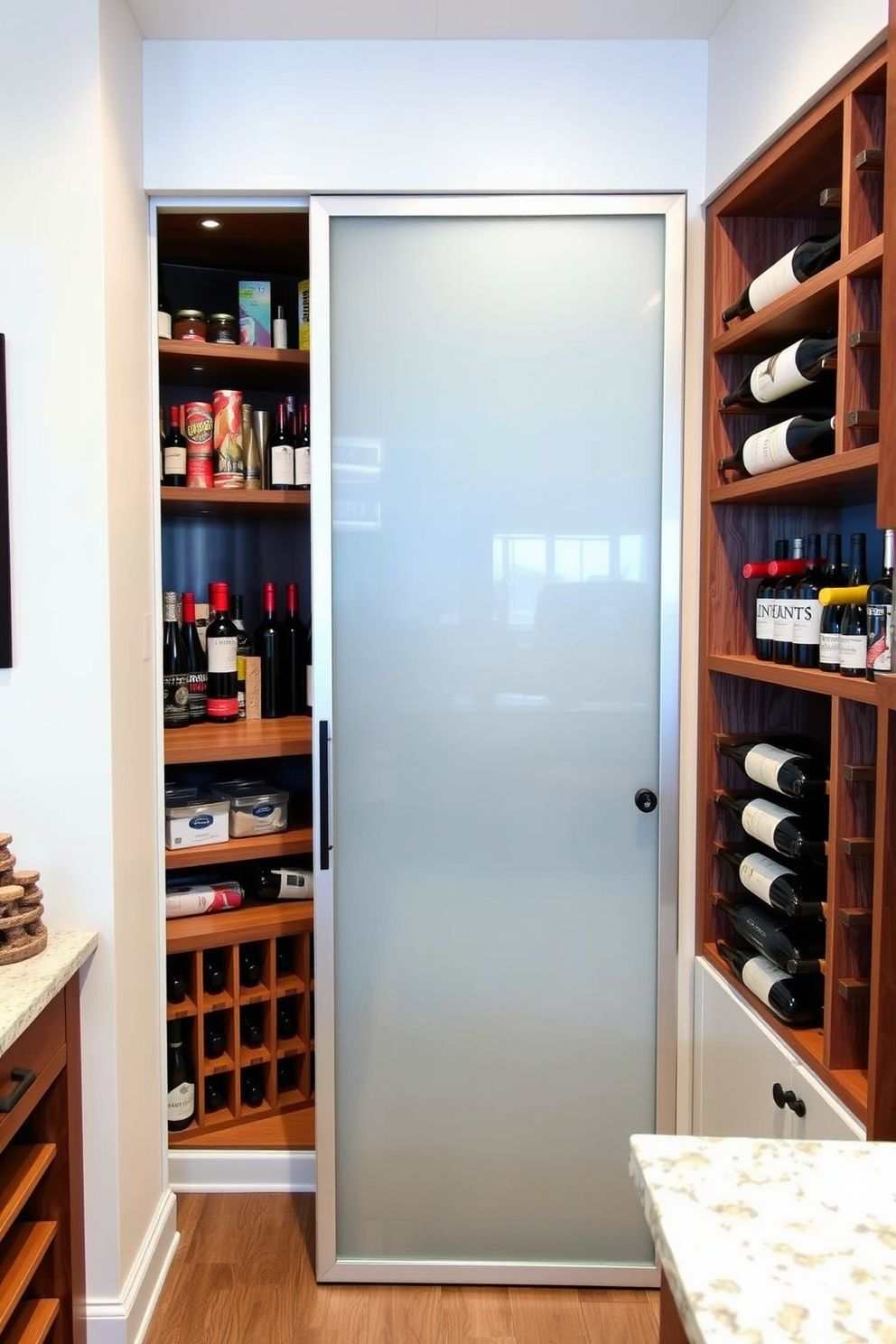 A stylish closet pantry featuring built-in wine racks for optimal storage. The design incorporates wooden shelves that elegantly display wine bottles alongside organized pantry items, creating a functional and aesthetically pleasing space. The walls are painted in a soft neutral tone, enhancing the warmth of the wooden elements. A sliding door made of frosted glass adds a modern touch while allowing easy access to the pantry.