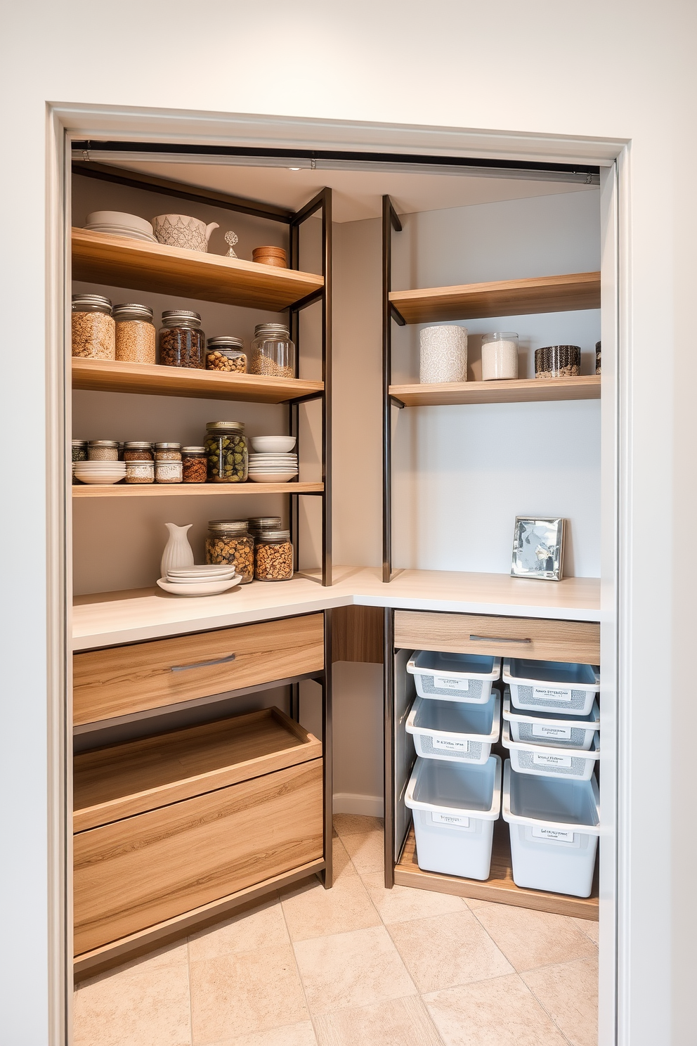 A stylish and functional pantry space designed as a closet. The shelves are lined with neatly organized jars and containers, while a small countertop area provides space for meal prep. Soft lighting illuminates the room, enhancing the warm wood tones of the cabinetry. A sliding door allows easy access while saving space in the kitchen area.