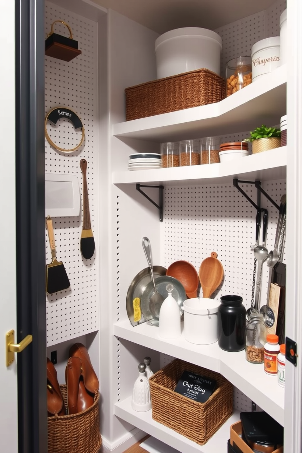 A stylish closet pantry featuring a pegboard system for customizable storage options. The pegboards are mounted on the walls, allowing for easy organization of kitchen essentials and decorative items.