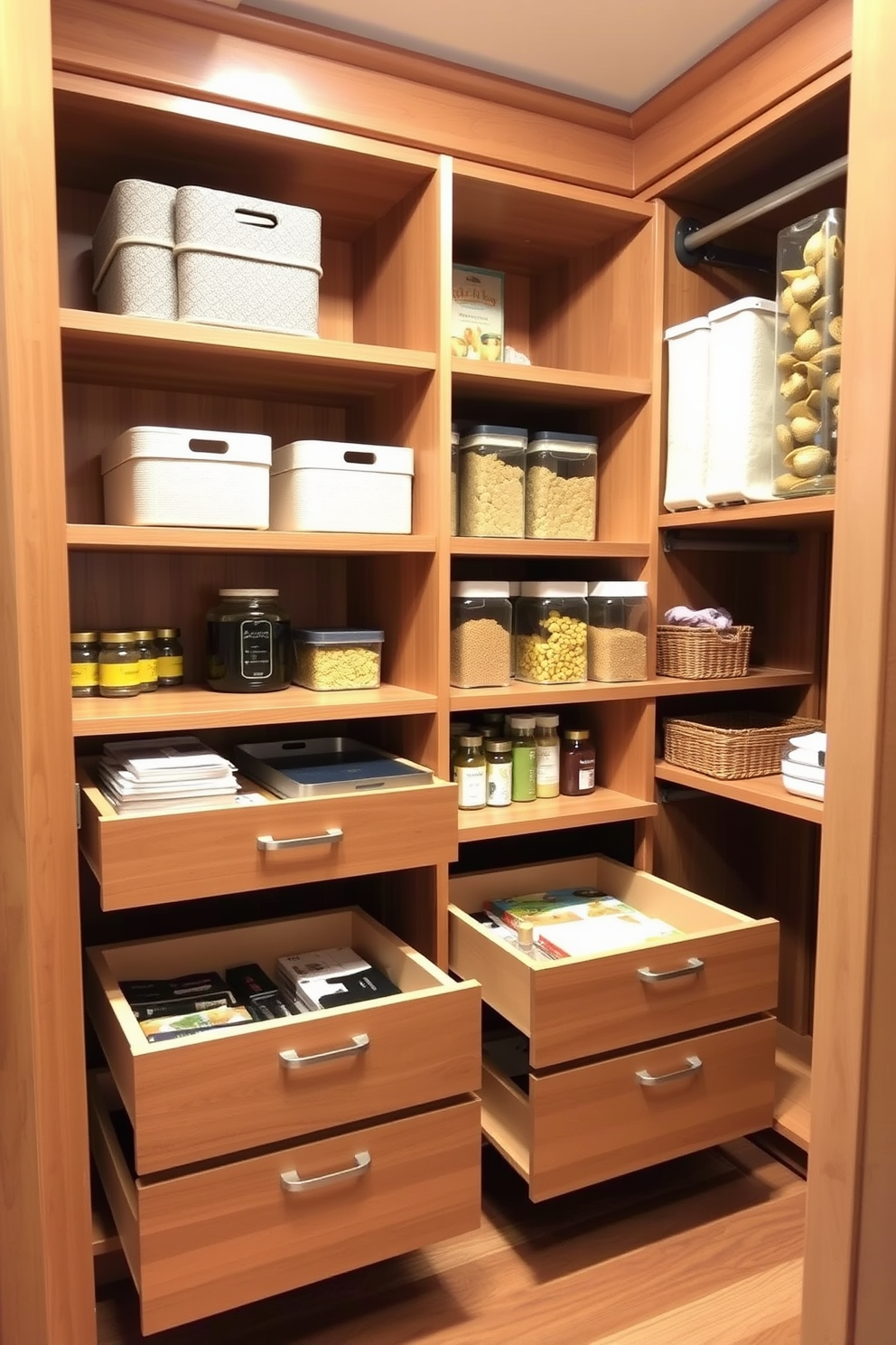 A spacious closet pantry featuring pull-out drawers for easy access to hidden items. The design incorporates sleek cabinetry with a warm wood finish, maximizing storage while maintaining an organized and stylish appearance.