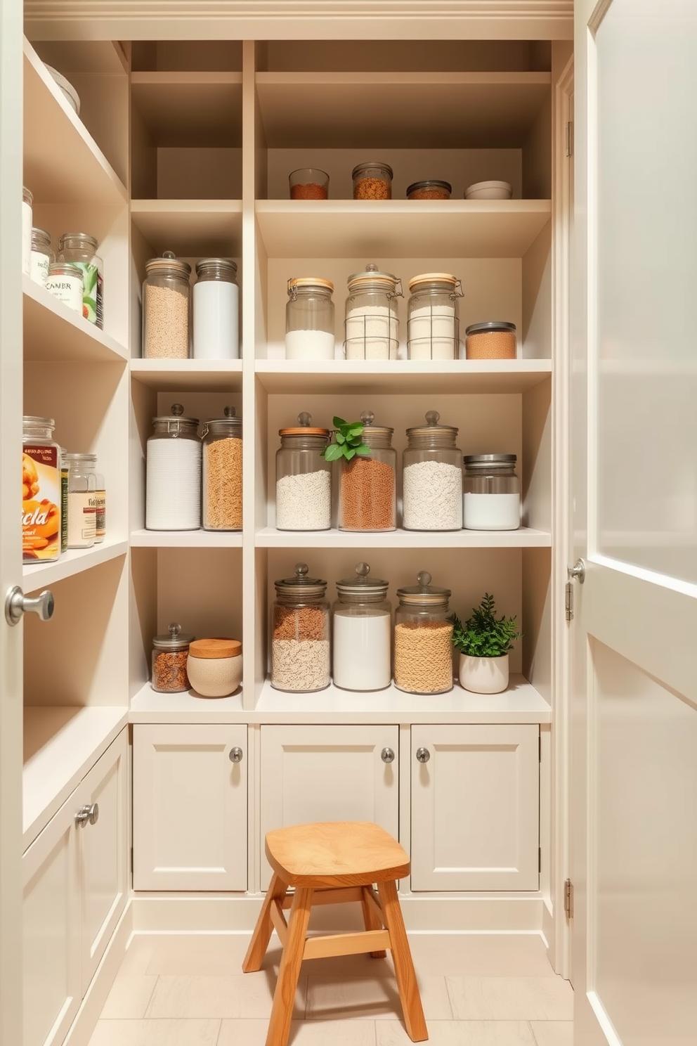 A stylish closet pantry featuring open shelving with a contemporary design. A wooden step stool is placed against the shelves, providing easy access to items stored on the higher levels. The pantry is painted in a soft cream color, enhancing the bright and airy feel of the space. Elegant glass jars filled with dry goods line the shelves, while a small potted herb adds a touch of greenery.