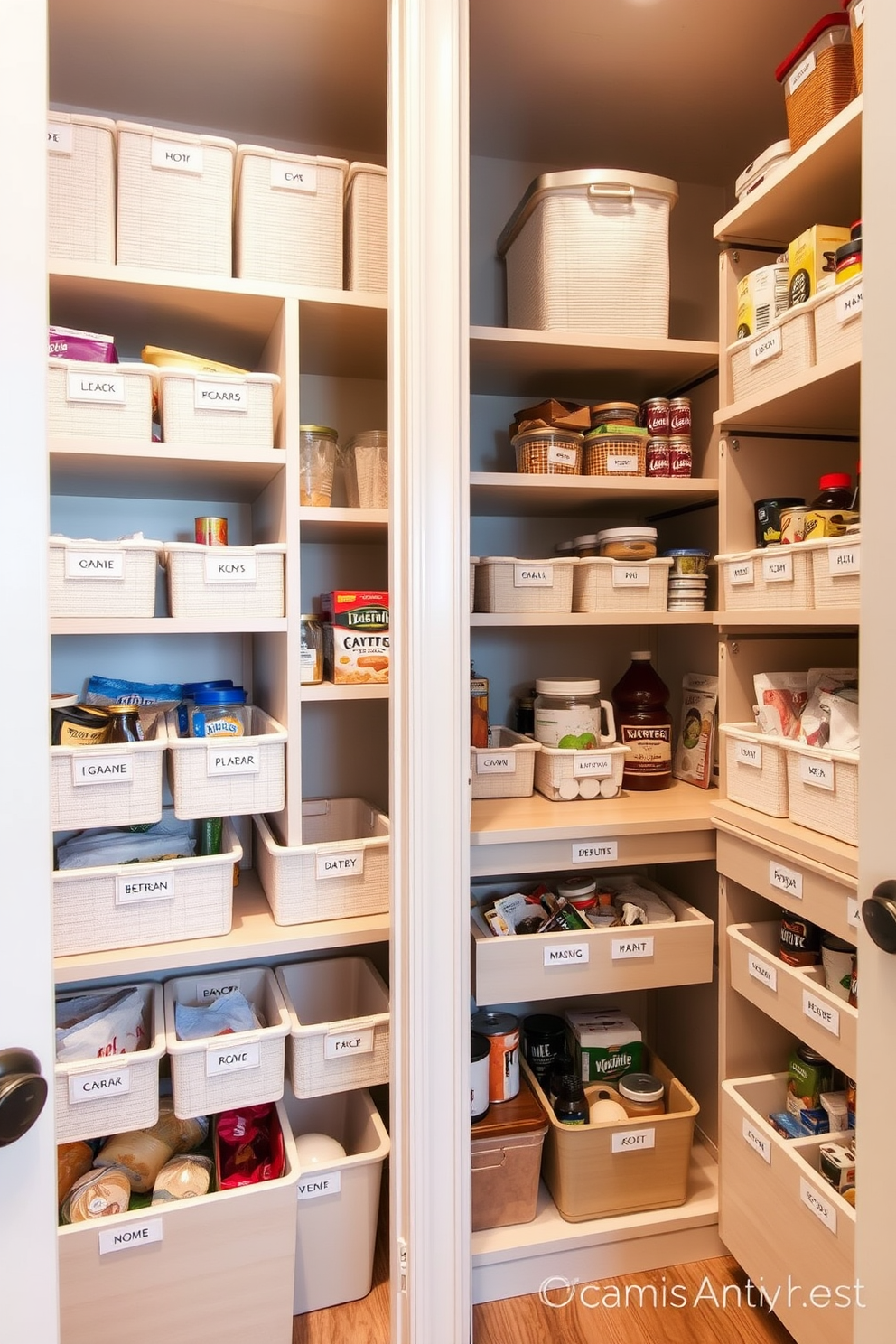 A stylish and functional closet pantry featuring a small countertop for meal prep. The cabinetry is finished in a soft white hue, complemented by brushed nickel handles and open shelving for easy access to ingredients.