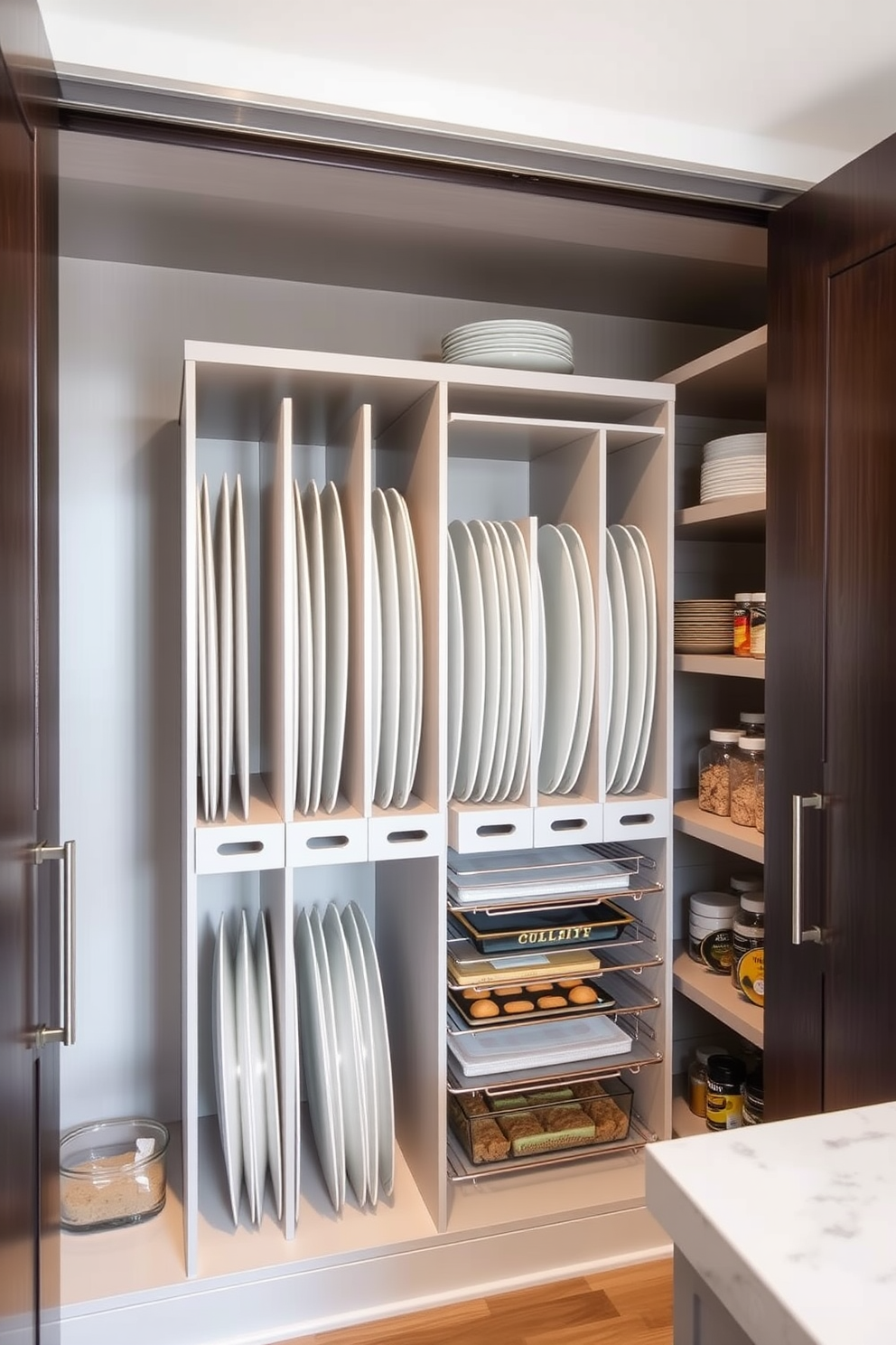 A well-organized closet pantry featuring pull-out baskets for easy access and storage. The baskets are neatly arranged on sturdy shelves, maximizing space and functionality.