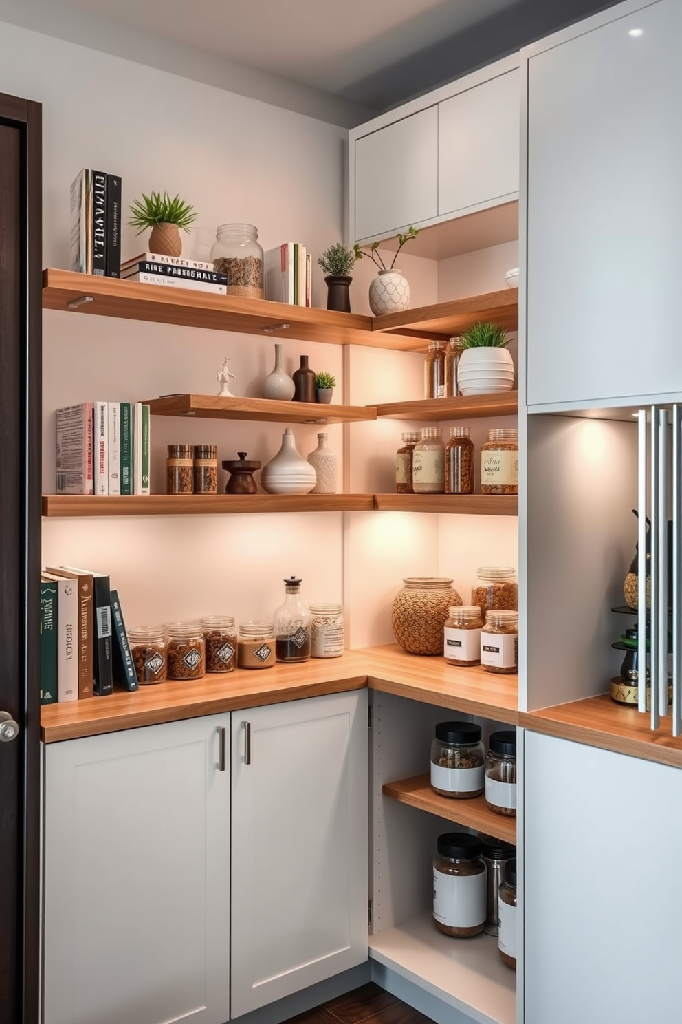 A stylish corner shelf design featuring natural wood shelves that elegantly fit into the corner of a room. The shelves are adorned with decorative books, plants, and unique collectibles, creating a cozy and organized space. A modern closet pantry with sleek cabinetry and pull-out shelves for easy access. The pantry is illuminated with soft lighting, showcasing neatly arranged jars and containers for a functional yet visually appealing storage solution.