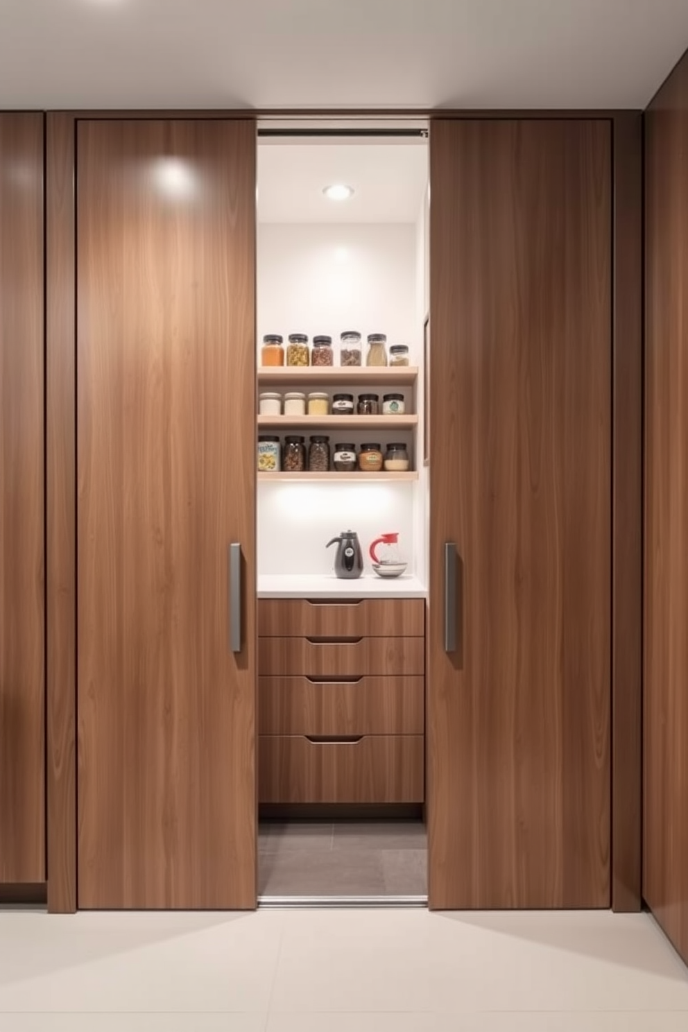 A modern closet pantry features sliding doors that seamlessly blend with the surrounding cabinetry. Inside, open shelving holds neatly organized jars and containers, while a small countertop provides space for meal prep. The pantry is illuminated by soft recessed lighting, highlighting the clean lines and minimalist design. A combination of wood and white finishes creates a warm yet contemporary atmosphere.