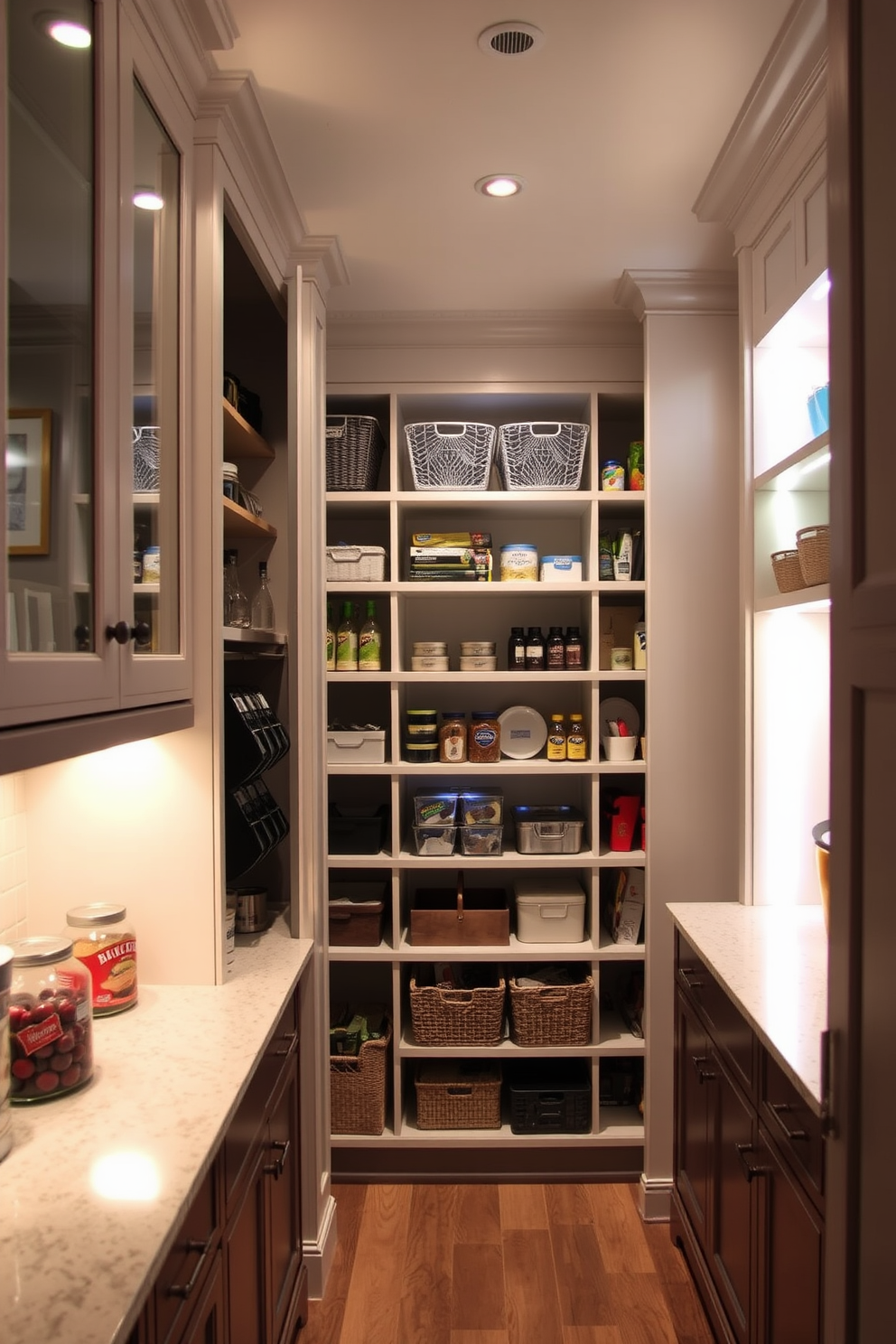 A spacious closet pantry featuring built-in lighting that highlights the organized shelves. The pantry includes custom cabinetry with a mix of open and closed storage, creating a functional and aesthetically pleasing space. The built-in lighting is strategically placed to enhance visibility, illuminating the countertops and shelves. Soft, warm light creates an inviting atmosphere, making it easy to find ingredients and kitchen tools.