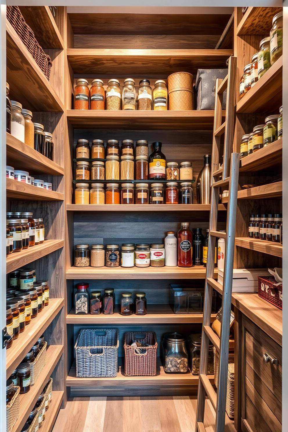 A stunning closet pantry design featuring multi-tiered shelving that creates height variation. The shelves are made of reclaimed wood with a rustic finish, showcasing an assortment of neatly organized jars and baskets for storage. The pantry is illuminated by soft ambient lighting that highlights the textures of the wood. A stylish ladder leans against one side, providing easy access to the upper shelves filled with colorful spices and gourmet ingredients.