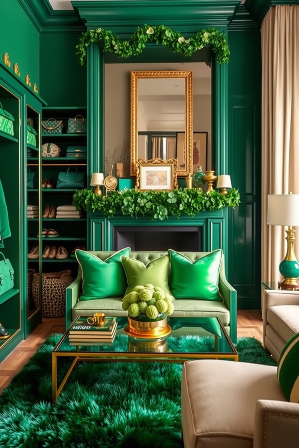 A luxurious closet display featuring rich green walls adorned with gold accents. Elegant shelving showcases a curated collection of designer handbags and shoes, while a plush emerald green rug adds warmth to the space. For St. Patrick's Day decorating ideas, envision a cozy living room adorned with green throw pillows and gold decorative accents. A festive garland of shamrocks hangs above the fireplace, complemented by a stylish green and gold centerpiece on the coffee table.