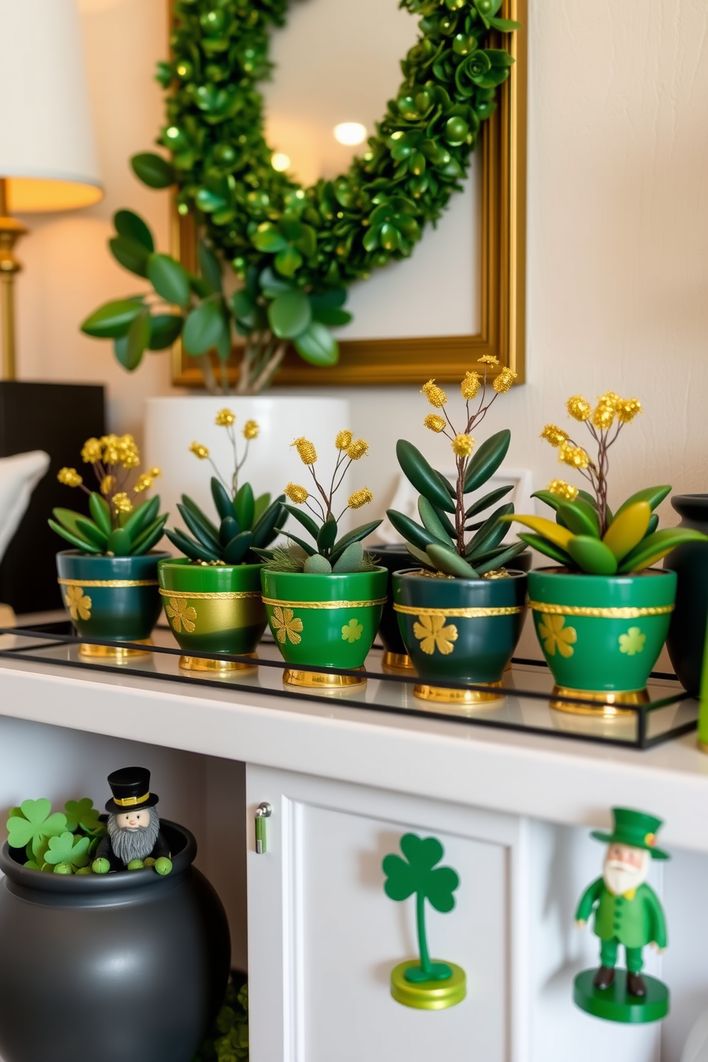 A cozy living space adorned with miniature pots featuring gold decor elements. Each pot is uniquely designed, showcasing various shades of green and gold, perfect for a festive St. Patrick's Day theme. The pots are arranged on a stylish shelf, complemented by soft lighting that enhances their shine. Surrounding the shelf are playful decorations, such as shamrocks and leprechaun figurines, adding a whimsical touch to the decor.