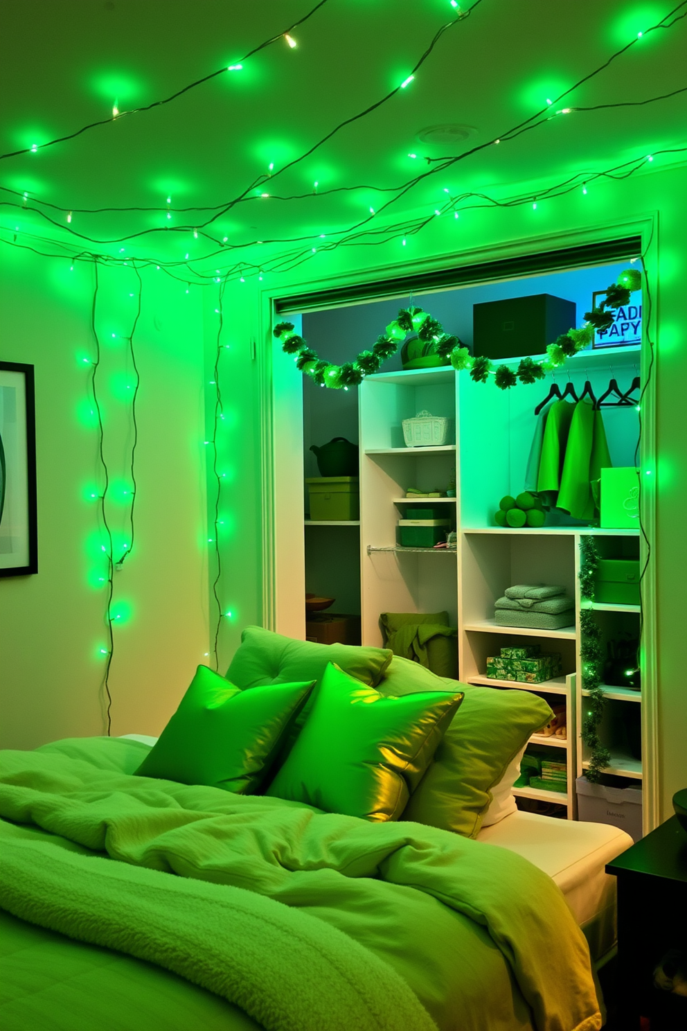 A cozy bedroom with green fairy lights strung across the ceiling creating a warm and inviting ambiance. The lights twinkle softly against the backdrop of soft white walls and a plush, oversized bed adorned with green and gold pillows. A charming closet space adorned with festive St. Patrick's Day decorations. Shamrock garlands hang from the shelves, and vibrant green accents are placed throughout, enhancing the spirit of the holiday.