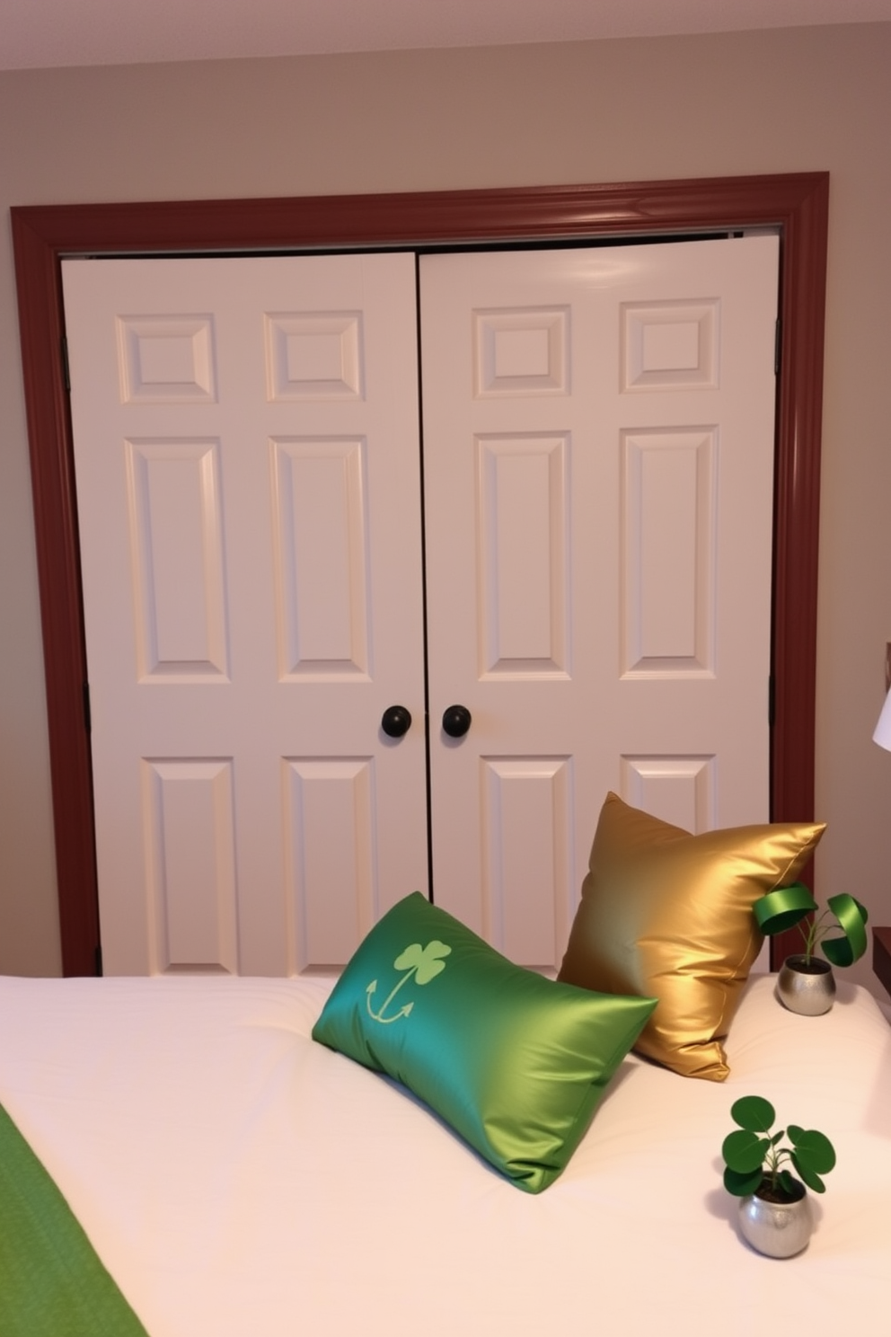 A cozy bedroom featuring closet doors adorned with an Irish flag, creating a festive atmosphere. The room is decorated with subtle St. Patrick's Day accents, including green and gold throw pillows on the bed and a small shamrock plant on the nightstand.