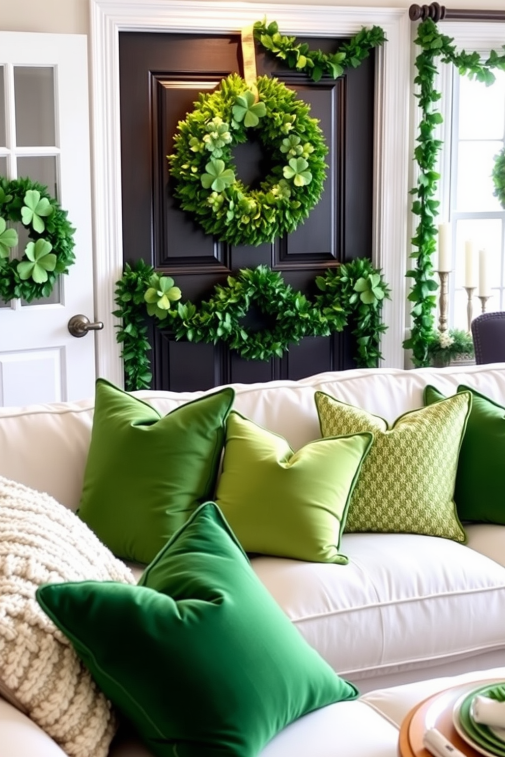 Seasonal throw pillows in green hues are scattered across a plush white sofa, adding a touch of freshness to the living room. The pillows feature various textures and patterns, creating a cozy and inviting atmosphere. For St. Patrick's Day decorating ideas, a vibrant green wreath adorned with shamrocks hangs on the front door. Inside, garlands of green and gold are draped over the mantel, complemented by festive table settings featuring gold accents.