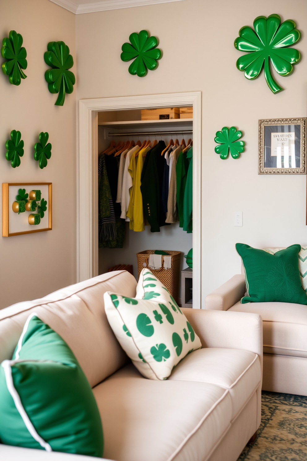 A vibrant display of hanging plants featuring lush green clovers cascades from decorative macrame hangers. The plants are arranged in a bright and airy room, creating a refreshing atmosphere perfect for St. Patrick's Day celebrations. The closet is adorned with festive decorations, including green accents and playful shamrock motifs. Shelves are organized with themed accessories, adding a touch of holiday spirit to the space while maintaining a clean and stylish look.