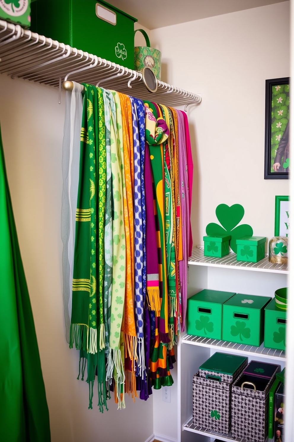 A vibrant collection of colorful scarves is artistically draped across a decorative rod, adding a playful touch to the closet space. The scarves feature a variety of patterns and hues, creating a lively atmosphere perfect for St. Patrick's Day celebrations. Incorporate green accents throughout the closet, such as shamrock-themed storage boxes and festive wall art. Soft lighting enhances the cheerful ambiance, making it an inviting space for showcasing seasonal decorations.