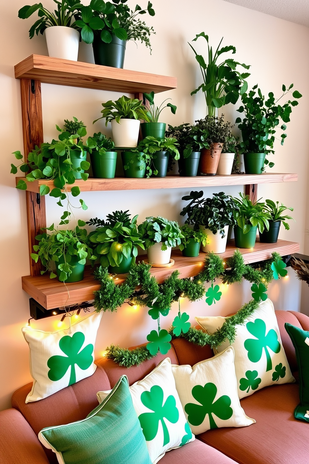 Rustic wooden shelves adorned with various potted greenery create a warm and inviting atmosphere. The shelves are made of reclaimed wood, showcasing natural textures and imperfections that enhance their charm. For St. Patrick's Day decorating ideas, imagine a cozy living room featuring green accents and festive decor. Shamrock-themed cushions and garlands hang from the shelves, complemented by twinkling fairy lights for a cheerful ambiance.