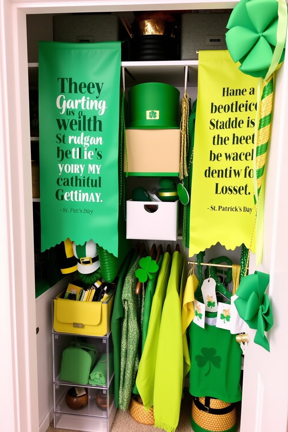 Banners with St Patricks Day quotes. The banners are adorned with vibrant green hues and playful fonts, featuring popular quotes that celebrate the spirit of the holiday. Closet St Patricks Day Decorating Ideas. The closet is organized with themed decorations, including green and gold accessories, shamrock motifs, and festive clothing options that embody the essence of St. Patrick's Day.