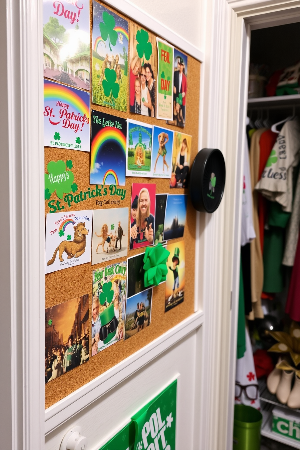 A vibrant cork board adorned with colorful festive postcards celebrating St. Patrick's Day. The space features a cozy closet nearby, filled with themed decorations and accessories that capture the spirit of the holiday.