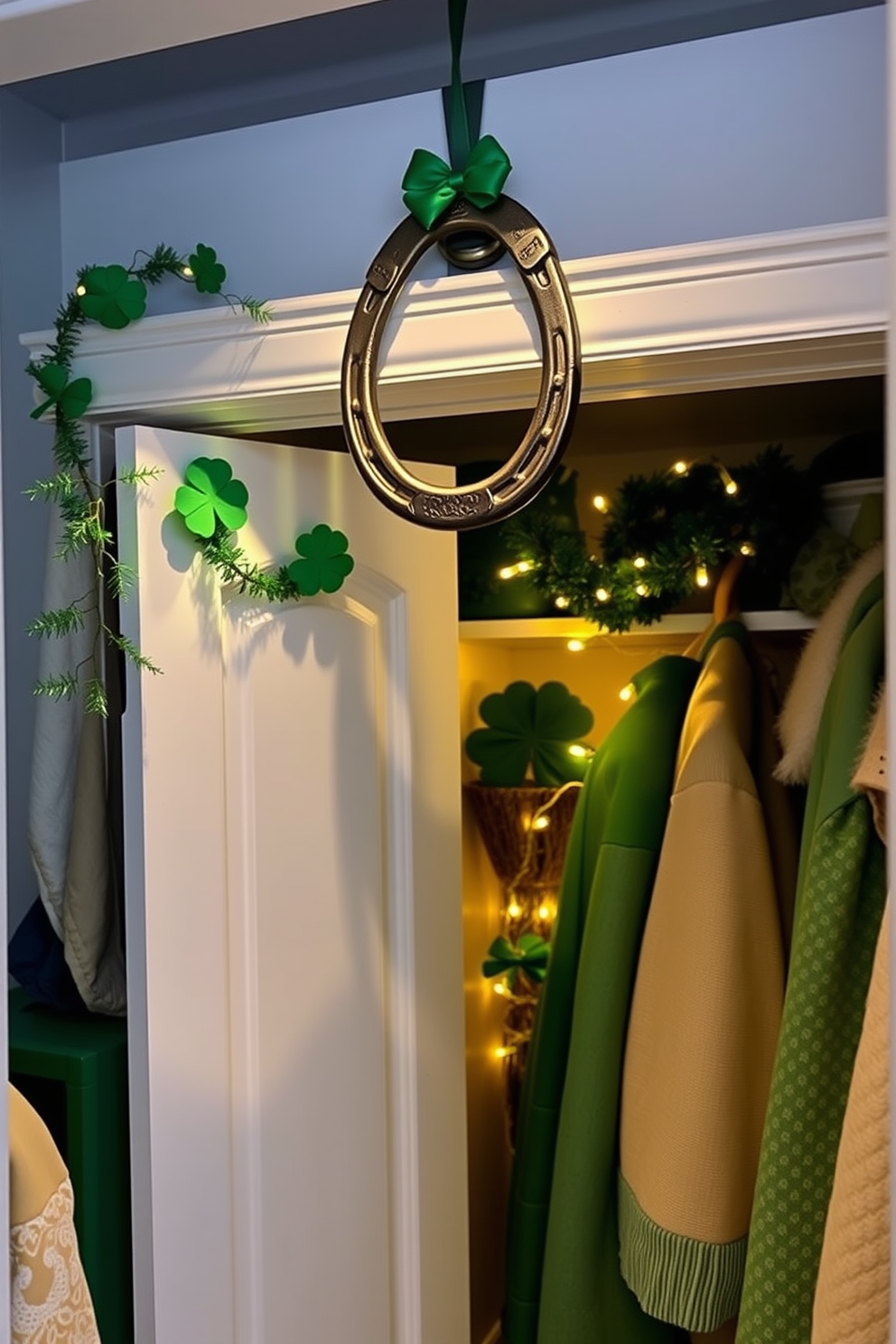 A charming closet adorned with a lucky horseshoe, symbolizing good fortune and positivity. The horseshoe is elegantly displayed above the closet door, surrounded by festive green accents for St. Patrick's Day. The interior features a touch of whimsy with green and gold decorations, including shamrocks and twinkling lights. Soft textiles in shades of emerald and cream enhance the cozy atmosphere, inviting a sense of celebration and cheer.