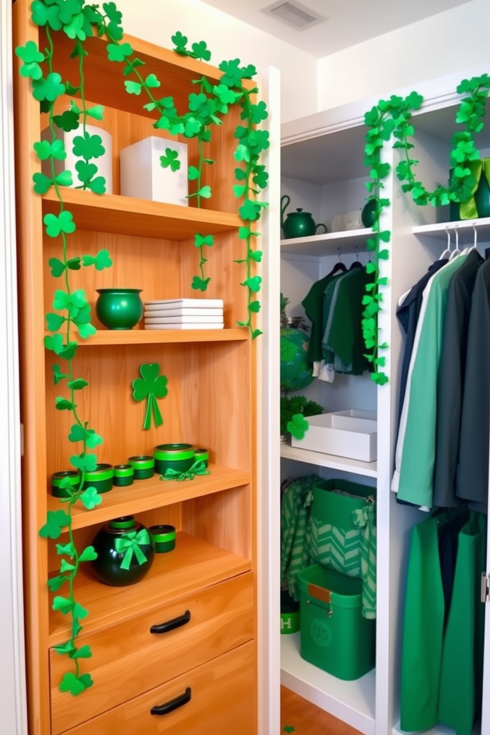 Shamrock garlands cascade gracefully from the shelves, adding a festive touch to the room. The vibrant green of the garlands complements the warm wood tones of the shelves, creating a cheerful St. Patrick's Day atmosphere. A cozy closet is adorned with themed decorations, featuring green accents and playful motifs. The space is organized and inviting, showcasing stylish storage solutions that enhance the holiday spirit.