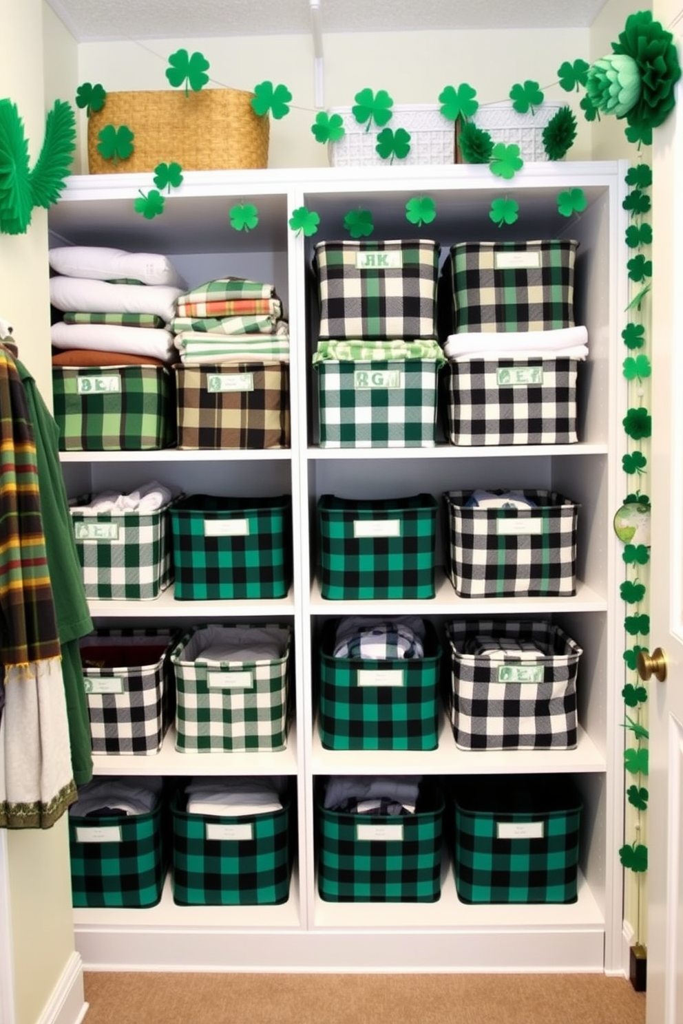 A cozy closet space featuring fabric bins in various plaid patterns neatly organized on shelves. The walls are adorned with festive St. Patrick's Day decorations, including shamrock garlands and green accents for a cheerful atmosphere.