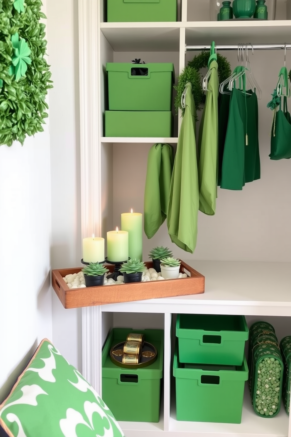 Create a cozy corner featuring seasonal candles with green accents. The candles are arranged on a rustic wooden tray surrounded by small potted plants and decorative stones. Design a stylish closet for St. Patrick's Day that incorporates green hues and festive decor. The closet includes green storage bins, shamrock-themed hangers, and a touch of gold for an elegant finish.