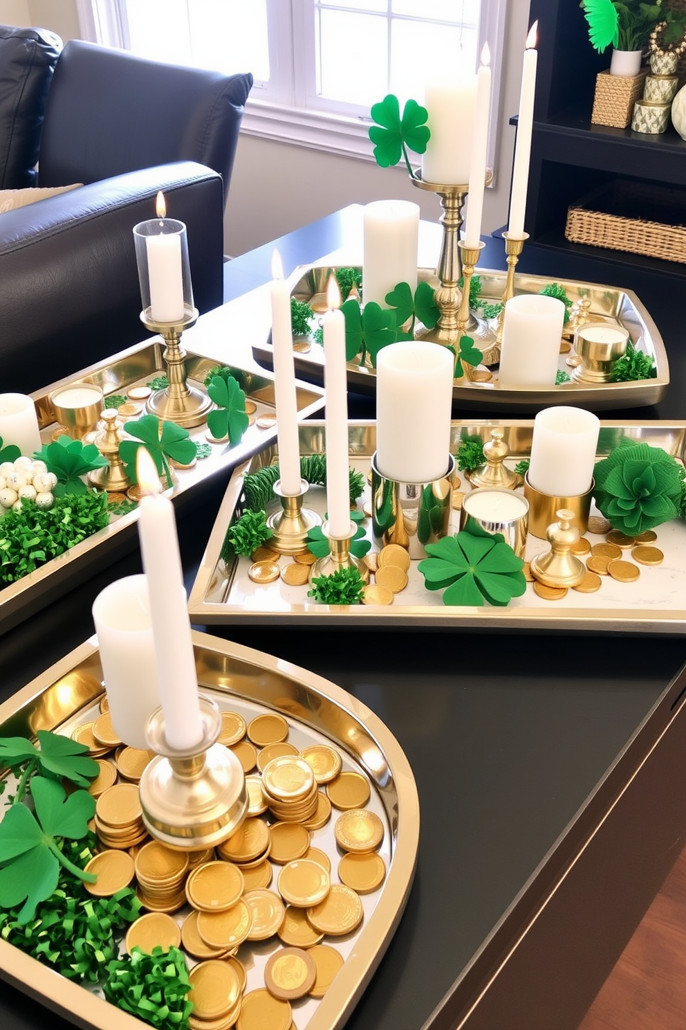 Create a visually appealing display of decorative trays featuring themed items for St. Patrick's Day. Include elements such as green shamrocks, gold coins, and festive candles arranged harmoniously on the trays.