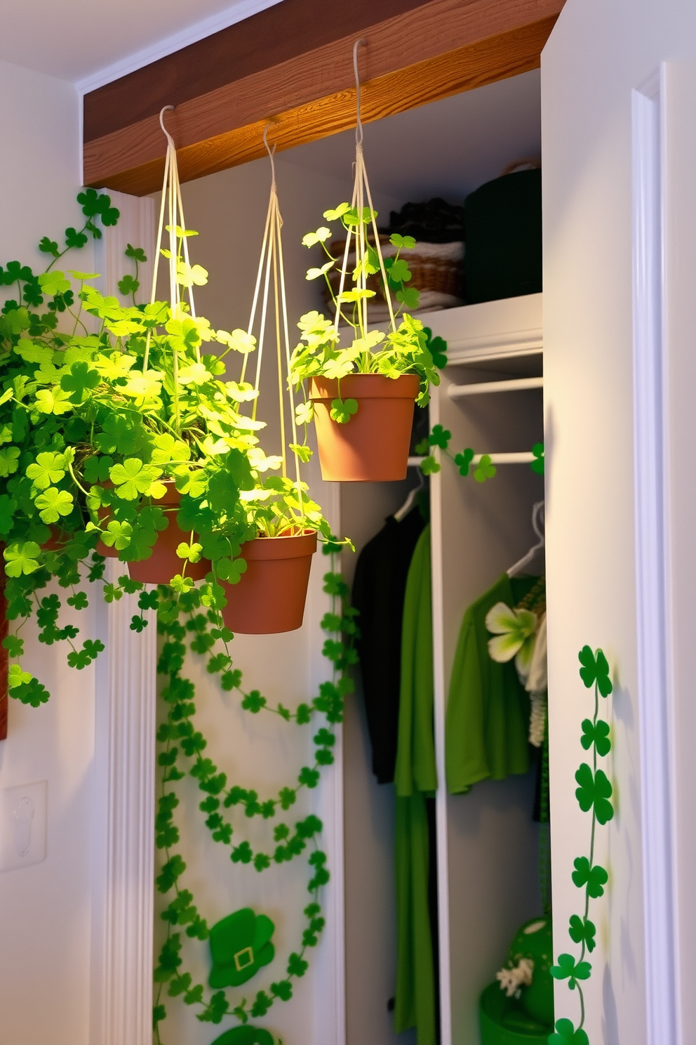 A cozy corner featuring hanging plant pots filled with vibrant shamrock plants. The pots are suspended from a wooden beam, creating a lush green canopy that adds a touch of nature to the space. The closet is adorned with festive St. Patrick's Day decorations, including garlands of shamrocks and cheerful green accents. Soft lighting highlights the decor, creating a warm and inviting atmosphere perfect for the holiday.