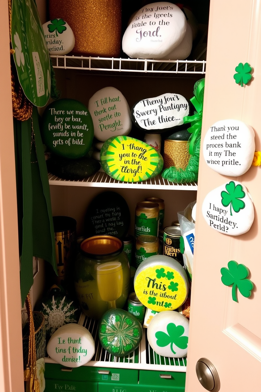 Decorative baskets adorned with shamrock motifs are arranged neatly in a cozy corner of the living room. These baskets are filled with vibrant green throws and festive decorations, adding a touch of St. Patrick's Day charm to the space. In the closet, shelves are lined with smaller baskets featuring shamrock patterns, perfect for storing seasonal accessories. The closet door is painted a soft white, contrasting beautifully with the lively green hues of the baskets.