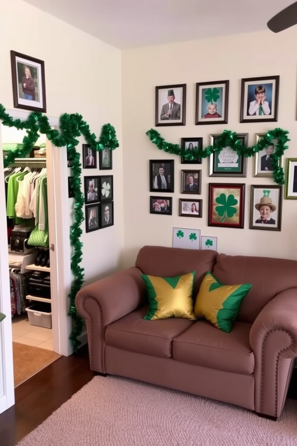 A cozy living room adorned with framed photos of past celebrations. The walls are painted in a soft cream color, and a plush sofa sits in the center, accented with green and gold pillows for a festive touch. To the left, a beautifully arranged closet showcases St. Patrick's Day decorating ideas. Green garlands and shamrock-themed decor are elegantly displayed, creating a cheerful and inviting atmosphere.