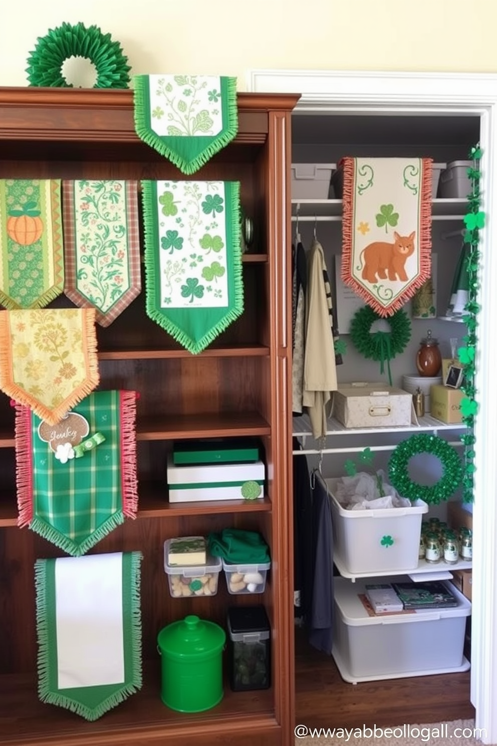 A collection of seasonal table runners displayed on elegant wooden shelves. Each runner features unique patterns and colors that reflect the changing seasons, creating a vibrant and inviting atmosphere. A beautifully organized closet adorned with St. Patrick's Day decorations. Green accents, shamrocks, and festive accessories bring a touch of holiday cheer to the space, making it both functional and festive.