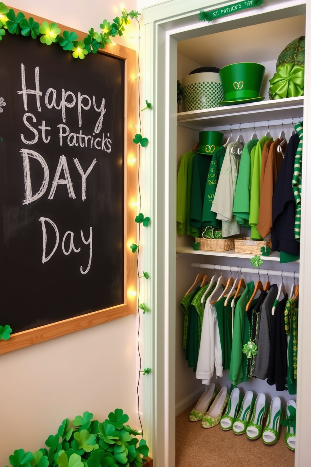 A chalkboard adorned with festive messages celebrating St. Patrick's Day is prominently displayed in a cozy corner. Surrounding the chalkboard are green and gold decorations, including shamrocks and twinkling lights, creating a cheerful atmosphere. Next to the chalkboard, a well-organized closet showcases an array of St. Patrick's Day-themed apparel and accessories. The closet is neatly arranged with green clothing items, festive hats, and playful decorations that embody the spirit of the holiday.