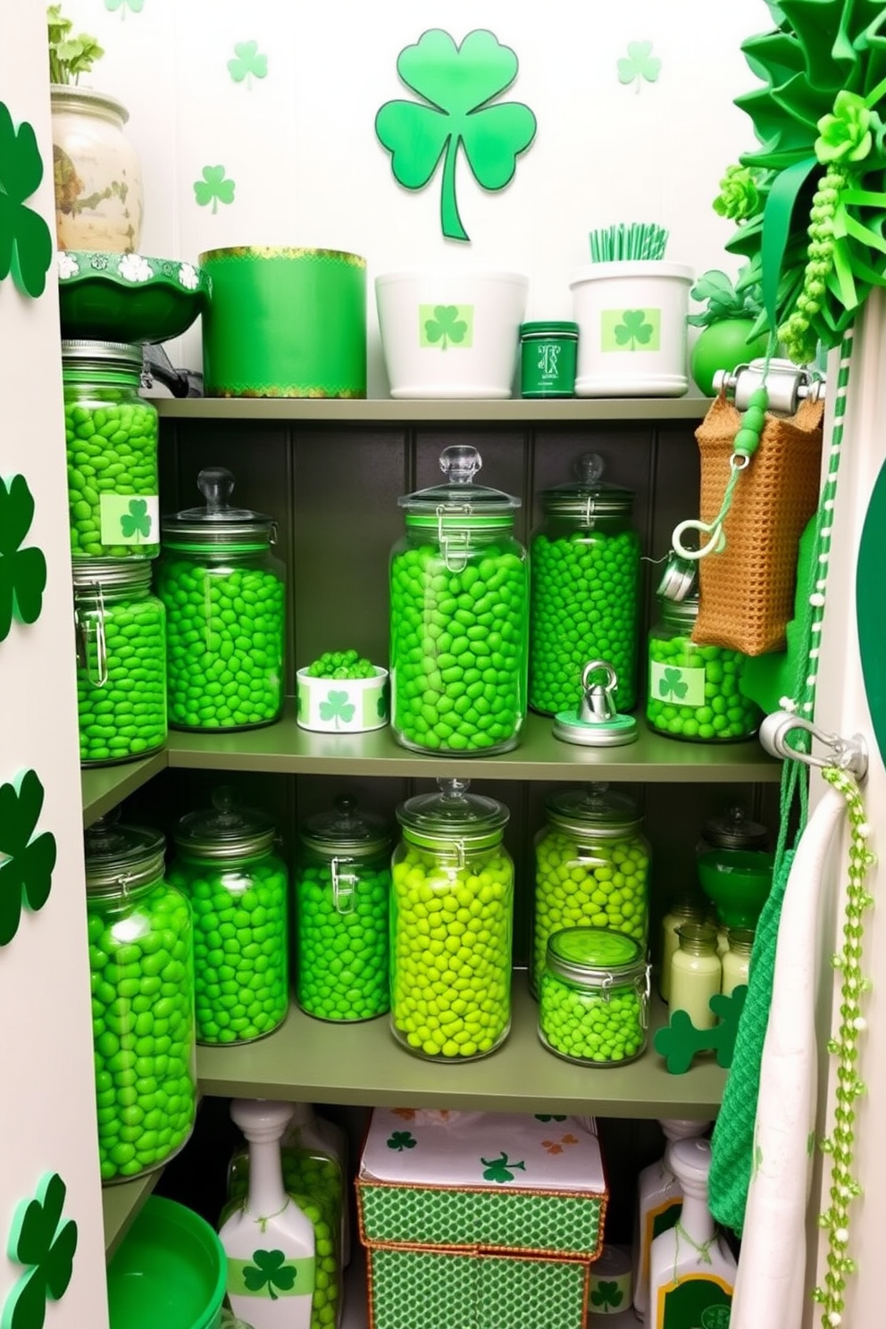 A charming closet filled with glass jars showcasing vibrant green candies. The decor is inspired by St. Patrick's Day, featuring shamrock motifs and festive green accents throughout the space.