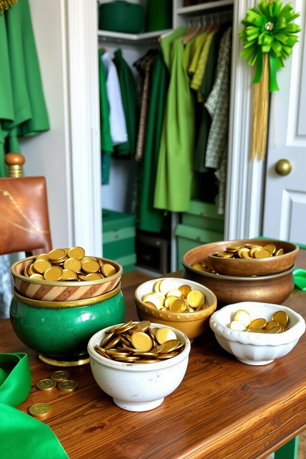 A collection of decorative bowls filled with shiny gold coins is arranged on a rustic wooden table. The bowls vary in size and texture, adding depth and interest to the display. The closet is elegantly decorated with green and gold accents to celebrate St. Patrick's Day. Soft green fabrics and gold embellishments create a festive yet sophisticated atmosphere.