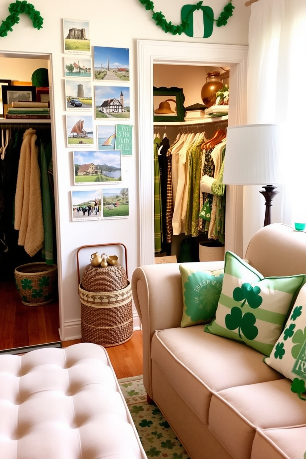 A charming living space adorned with vintage Irish postcards as wall art. The postcards feature scenic landscapes and traditional Irish symbols, creating a nostalgic atmosphere. In the closet, festive St. Patrick's Day decorations are neatly organized. Green and gold accents, along with shamrock-themed items, add a playful touch to the overall design.