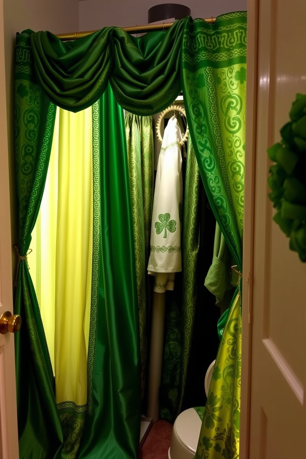 A cozy closet adorned with Irish themed fabric curtains, featuring rich green hues and intricate Celtic patterns. The curtains drape elegantly, creating a warm and inviting atmosphere perfect for St. Patrick's Day celebrations. The closet space is enhanced by decorative elements such as shamrock motifs and gold accents. Soft lighting highlights the vibrant fabric, bringing a festive charm to the room.